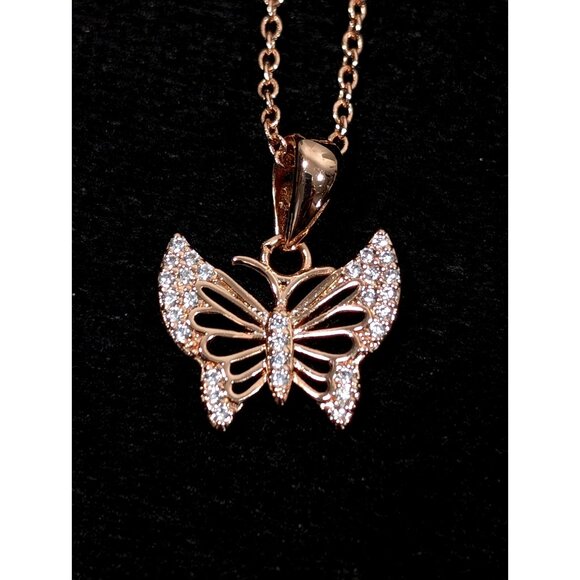JCM Crystal Rose Gold Tone Butterfly Pave Small Charm Pendant Necklace 20 in - Picture 1 of 10